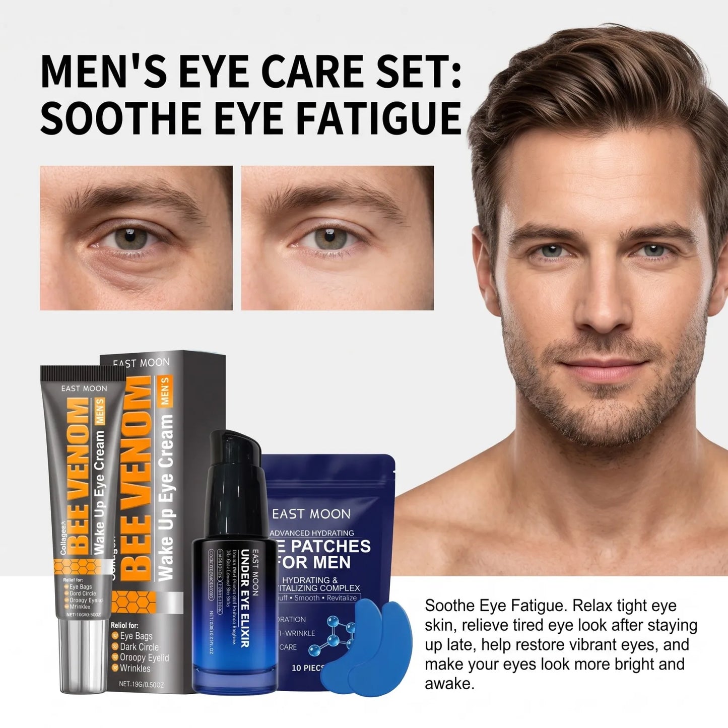 Bee Venom Eye Cream + Essence+Patches Hydrate Dry Eye Skin Reduce Dark Spot Fade Fine Line Firm Eye Contour Fast Absorb Eye Firm