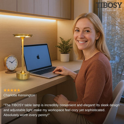 Woman working at desk with table lamp illumination